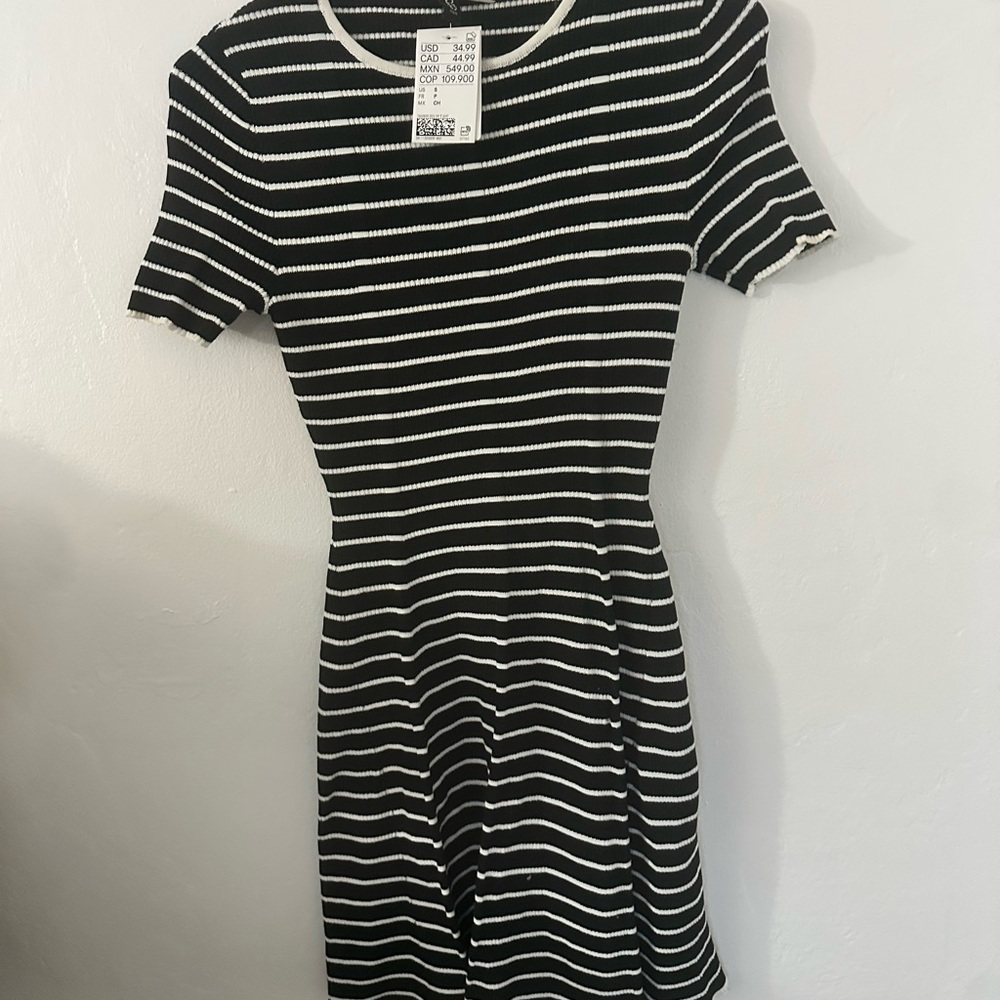 Black and White Striped Fitted Skater Dress